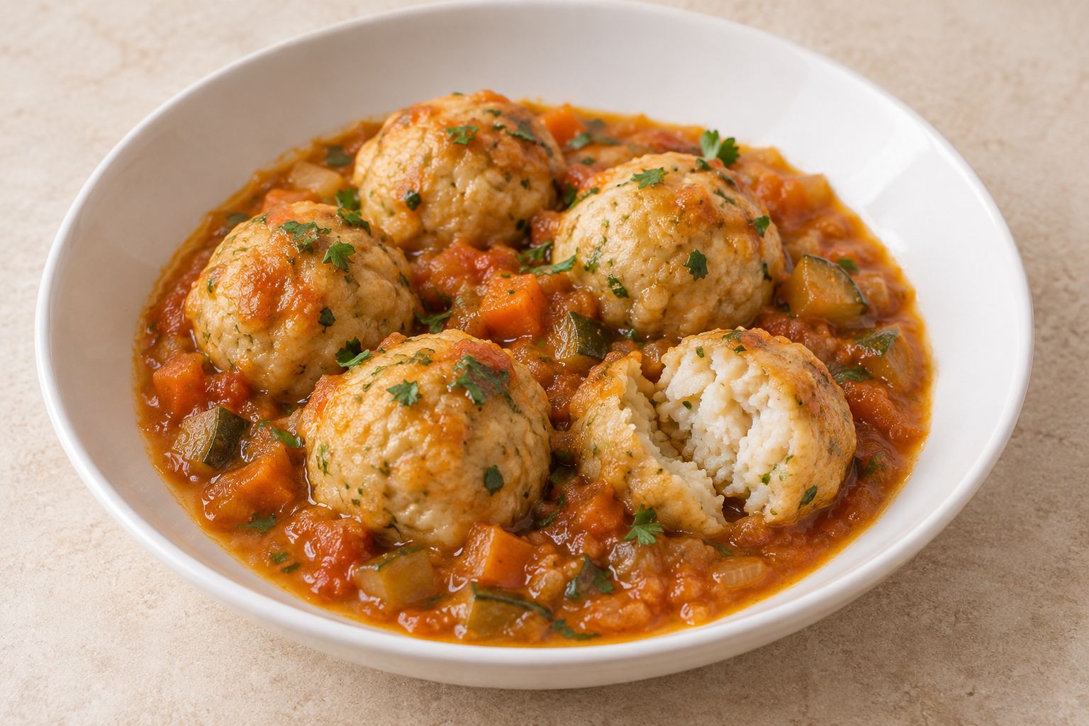 Albóndigas de merluza en salsa de verduras, receta terminada