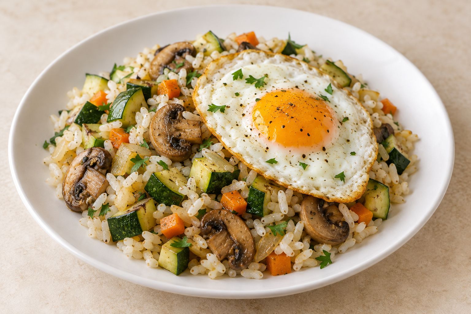 Arroz con calabacín, champiñones y huevo, receta terminada