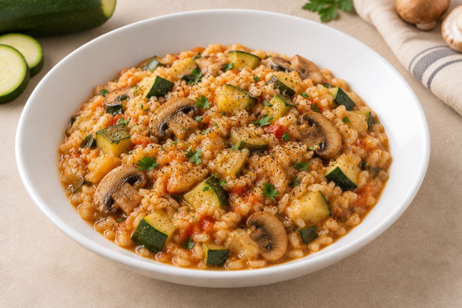 Arroz meloso con calabacín y champiñones, receta terminada