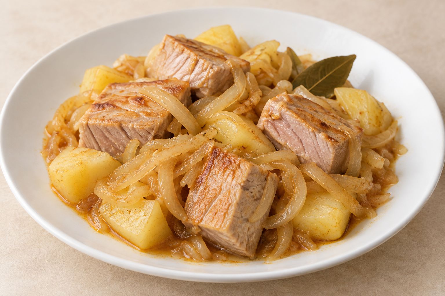 Atún encebollado con patatas, receta terminada