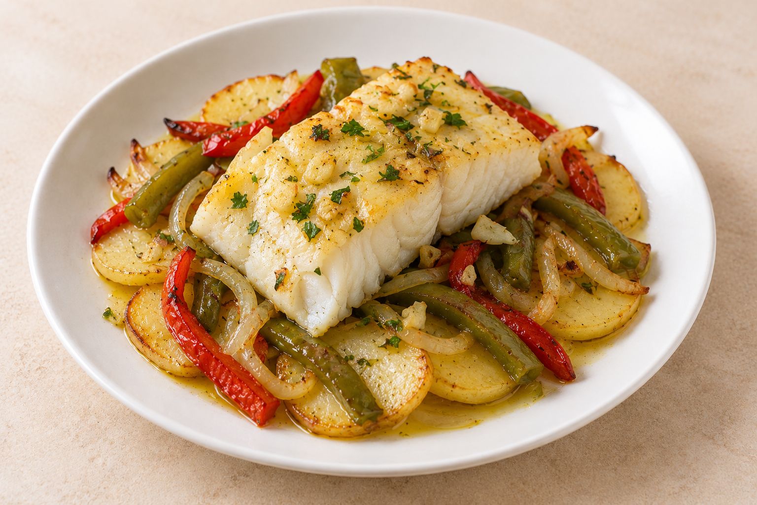 Bacalao al horno con patatas y pimientos, receta terminada