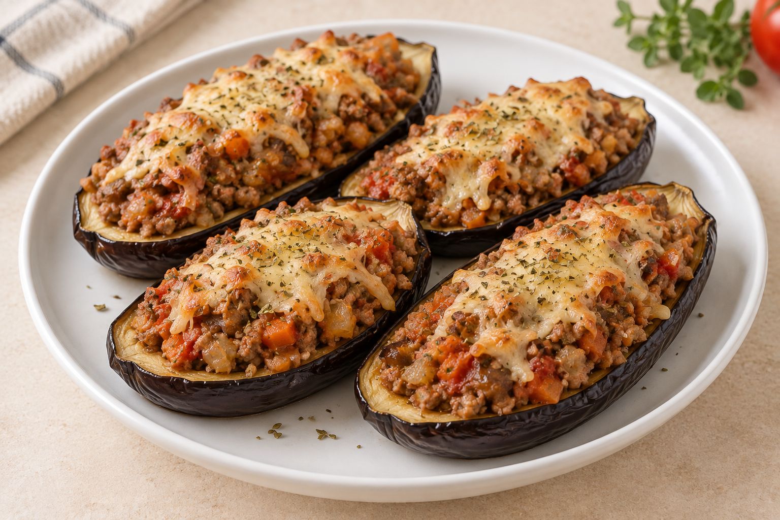 Berenjenas rellenas de carne y verduras, receta terminada