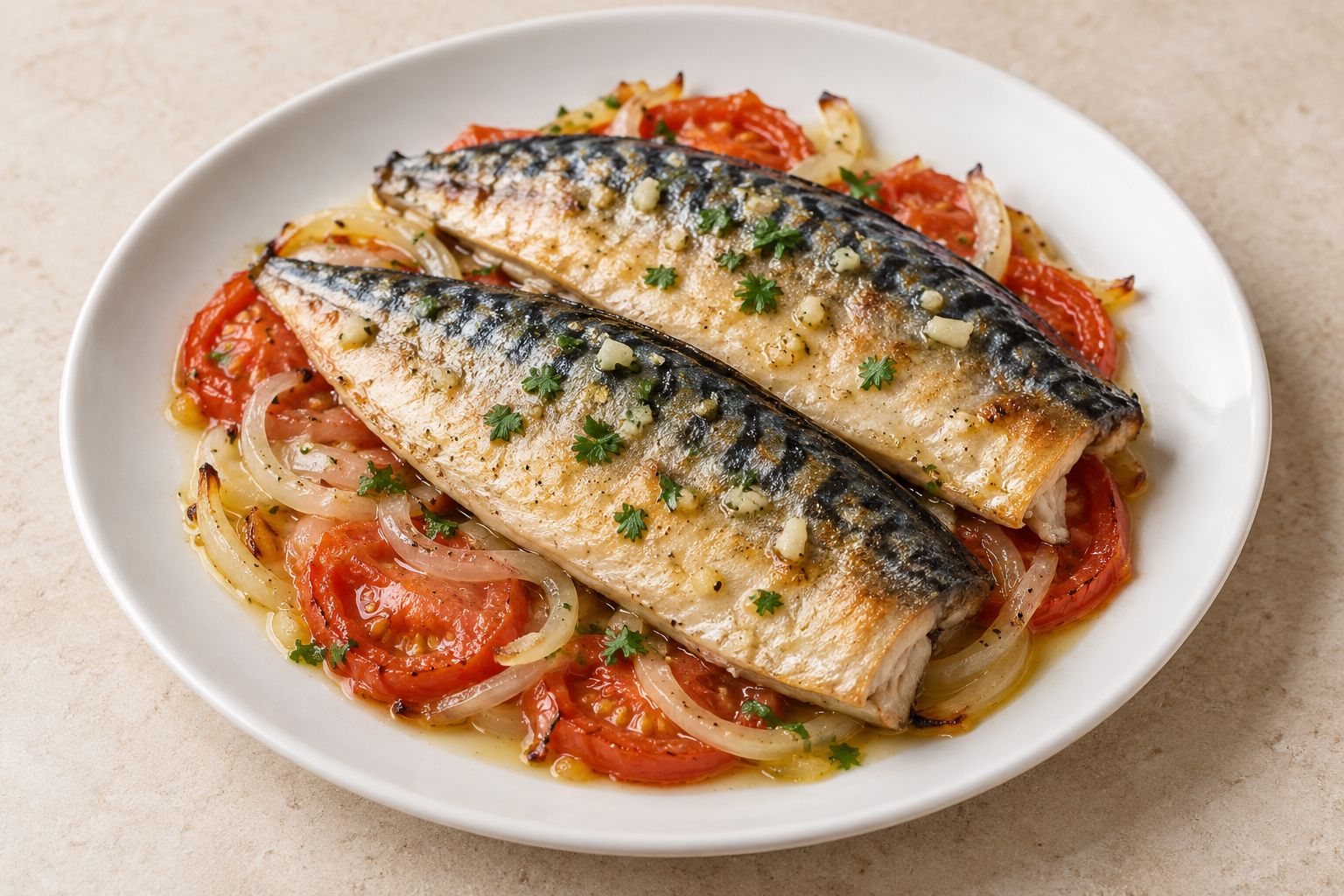 Caballa al horno con tomate y cebolla, receta terminada