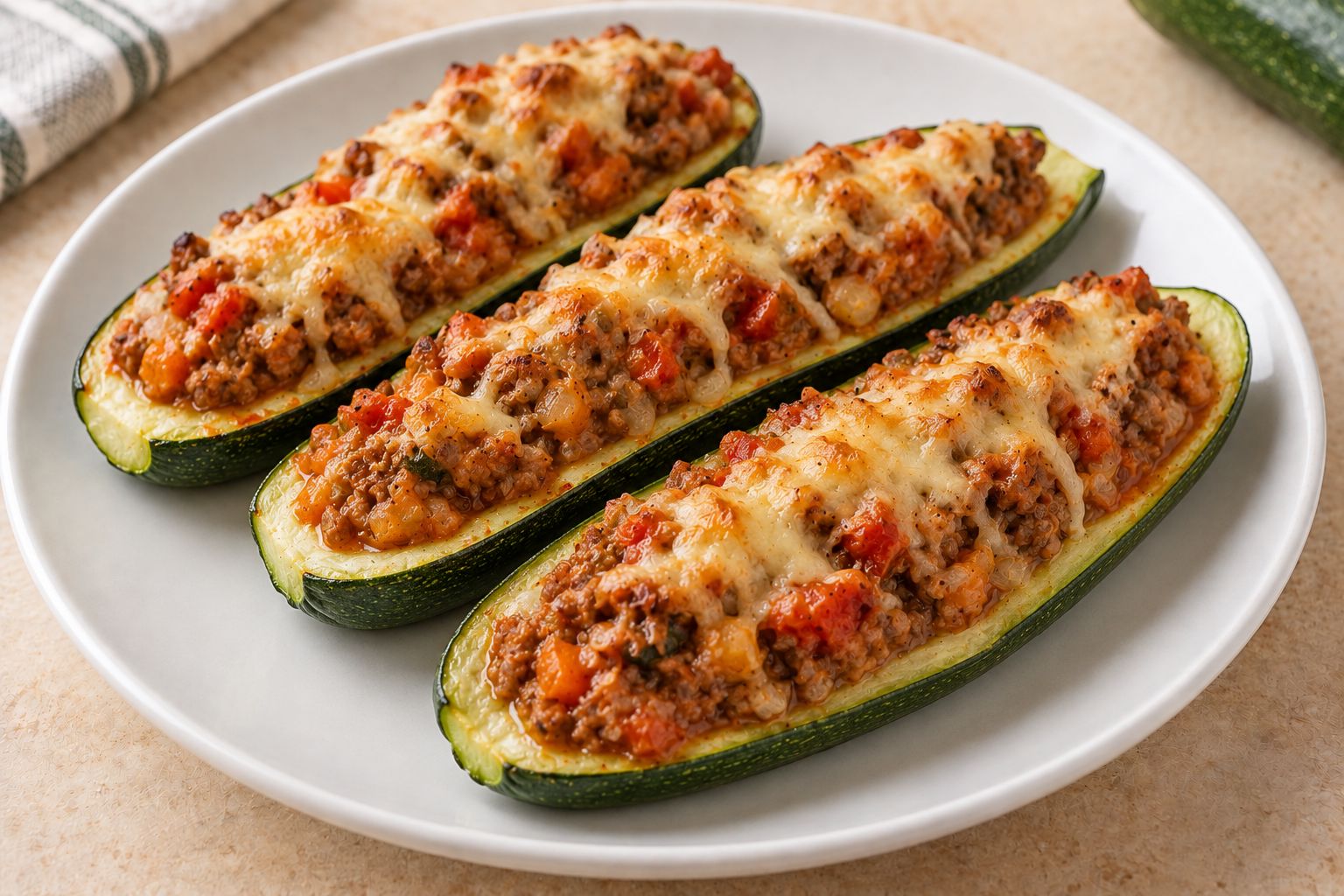 Calabacines rellenos de carne y verduras, receta terminada