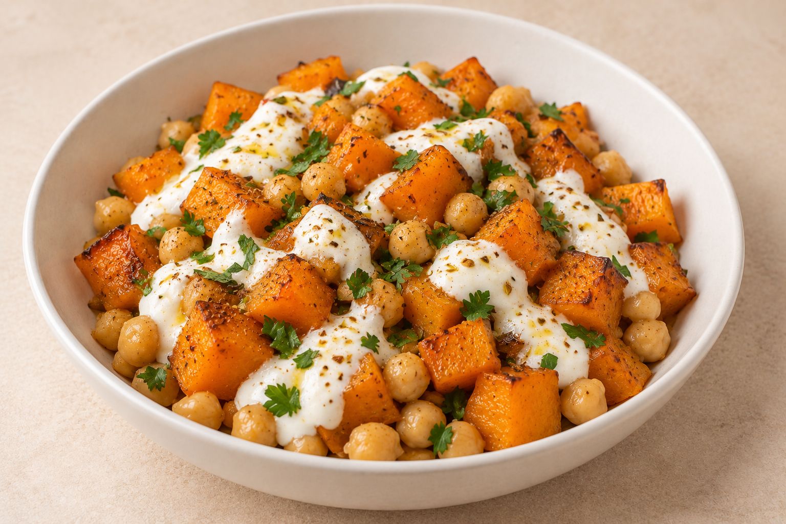 Calabaza asada con garbanzos y yogur, receta terminada