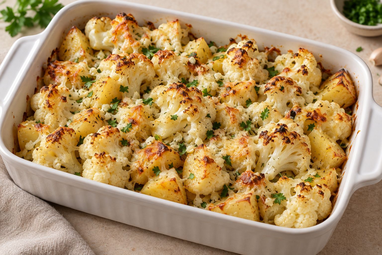 Coliflor al horno con patata y queso, receta terminada