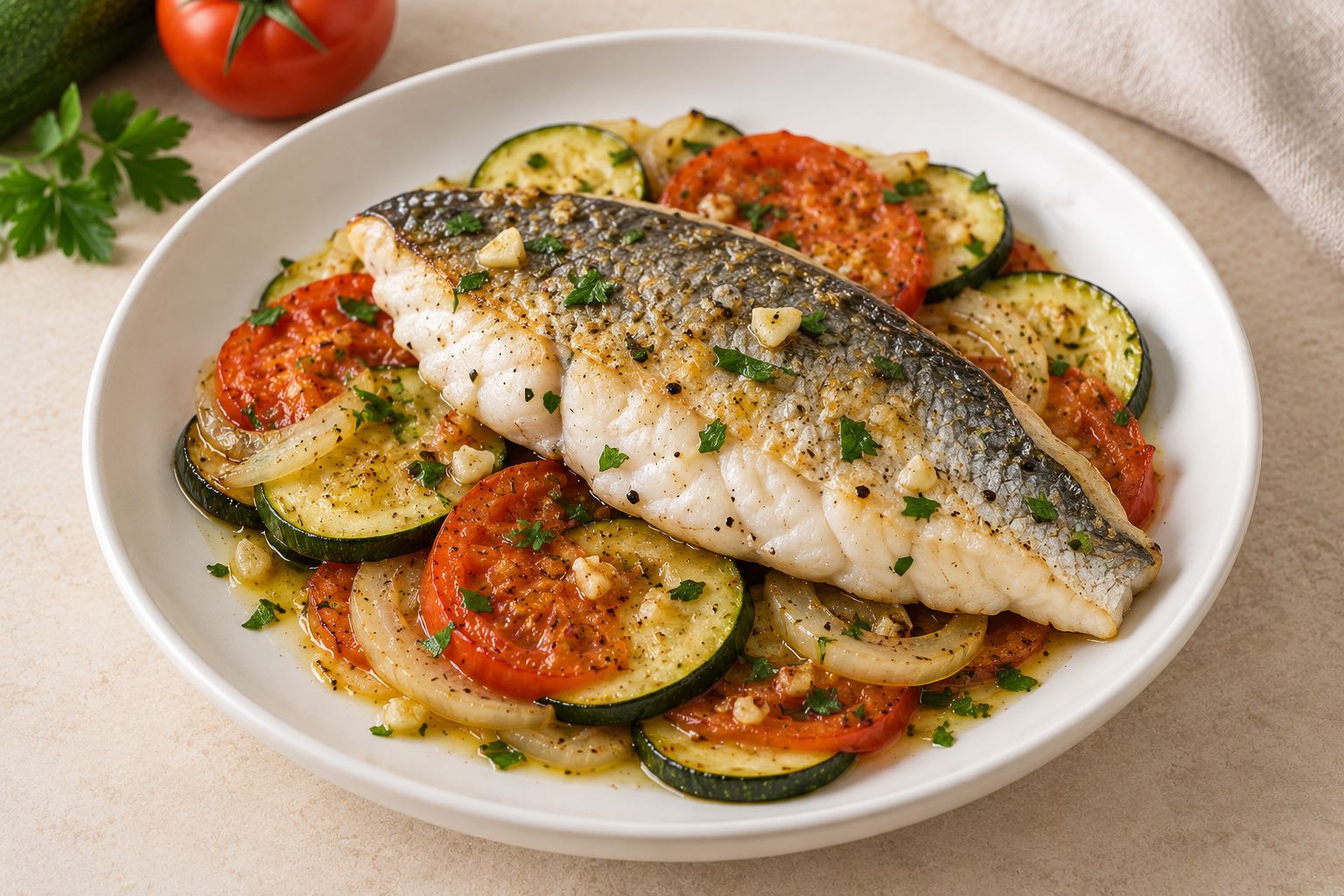 Dorada al horno con calabacín y tomate, receta terminada