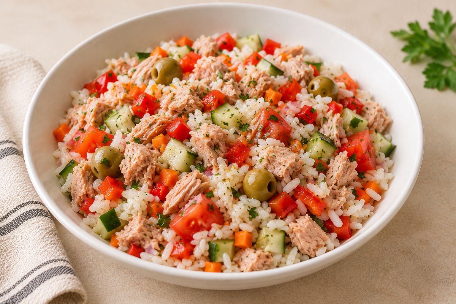 Ensalada de arroz con atún y verduras, receta terminada
