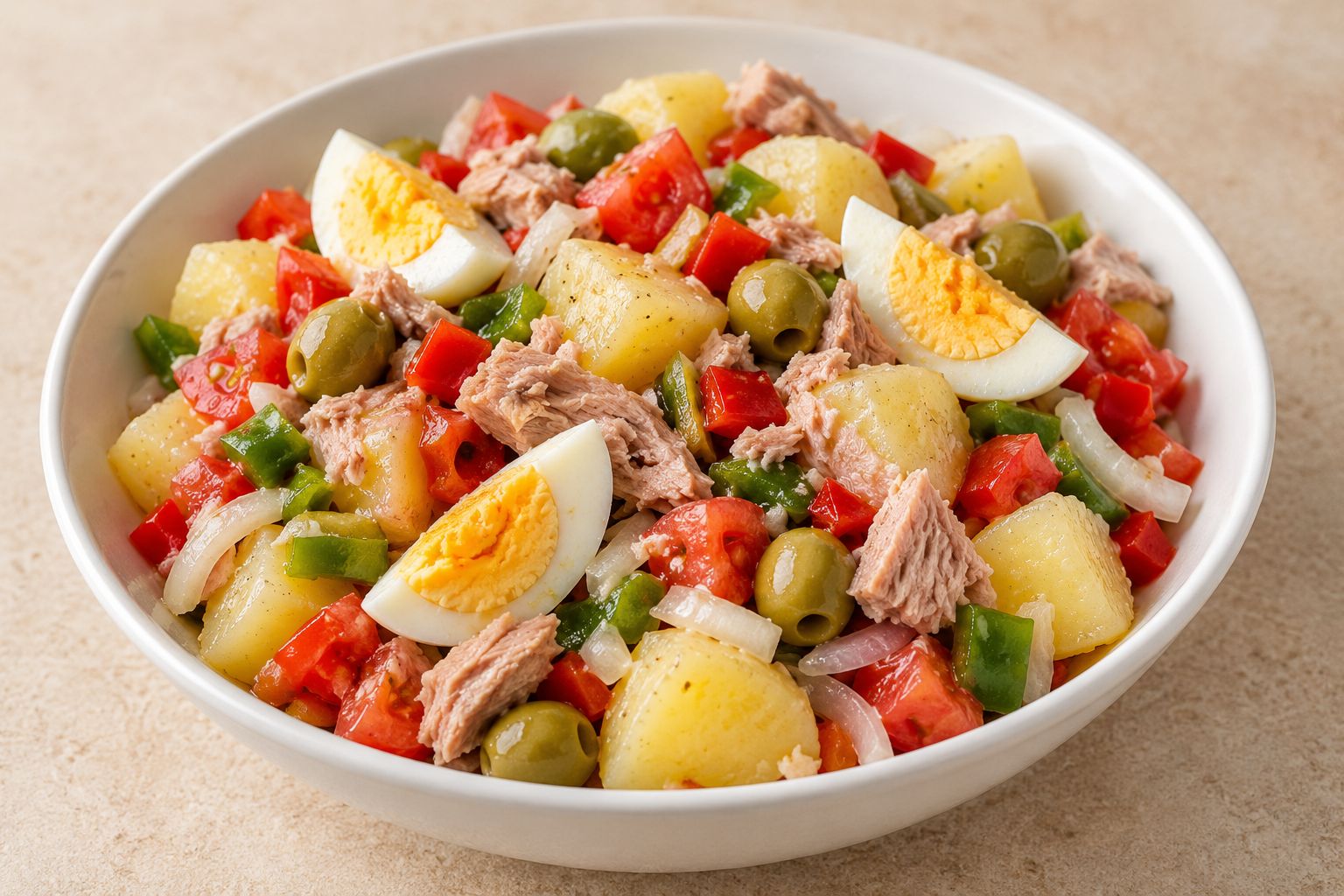 Ensalada campera con atún y huevo, receta terminada
