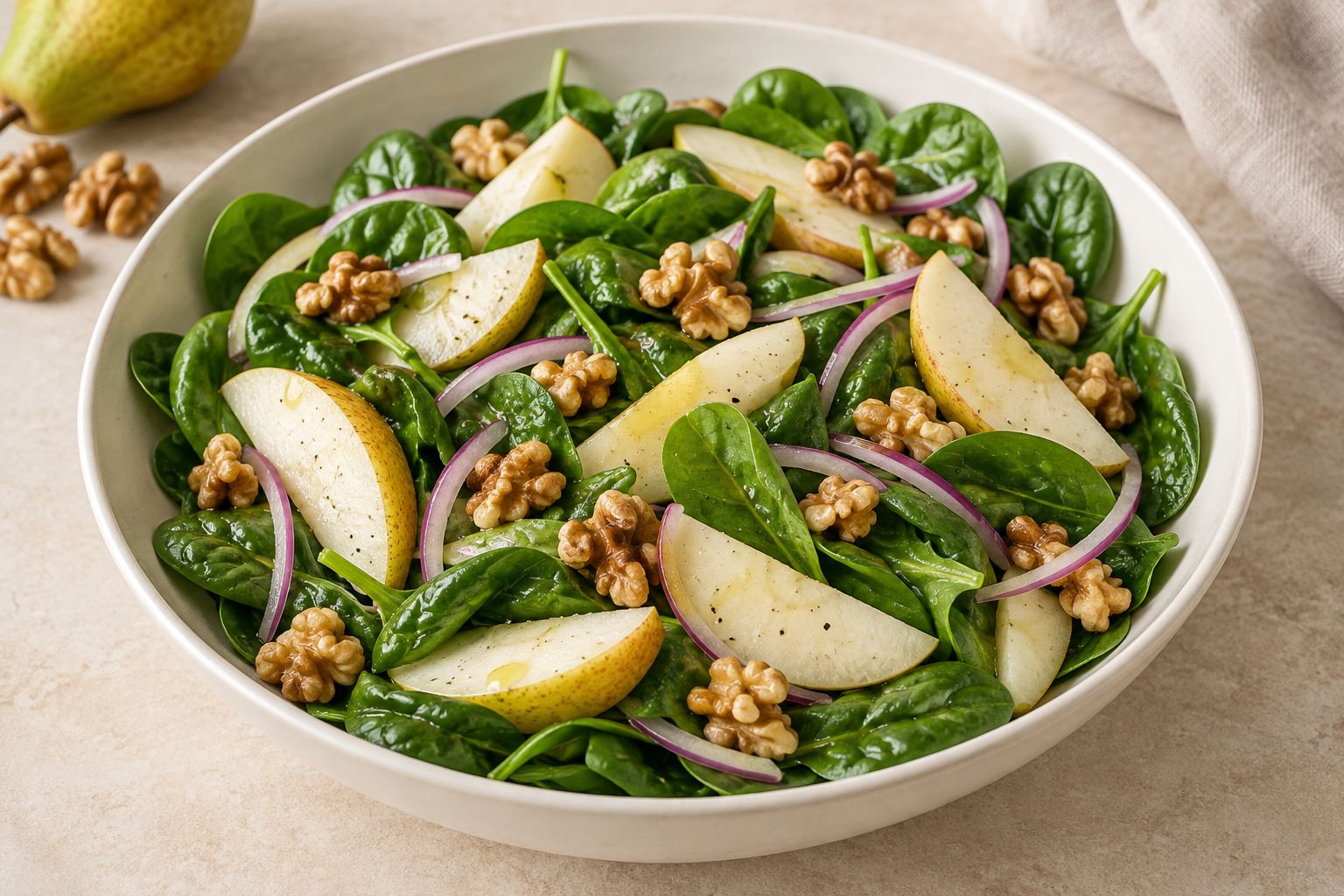 Ensalada de espinacas, pera y nueces, receta terminada