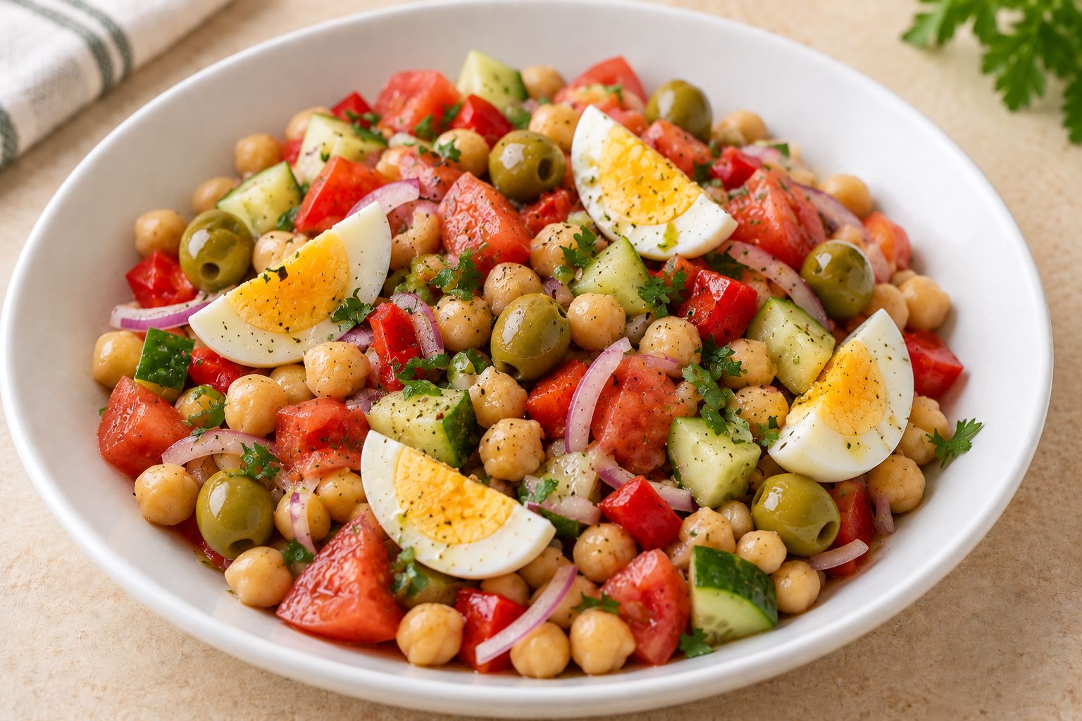 Ensalada de garbanzos con tomate y huevo, receta terminada