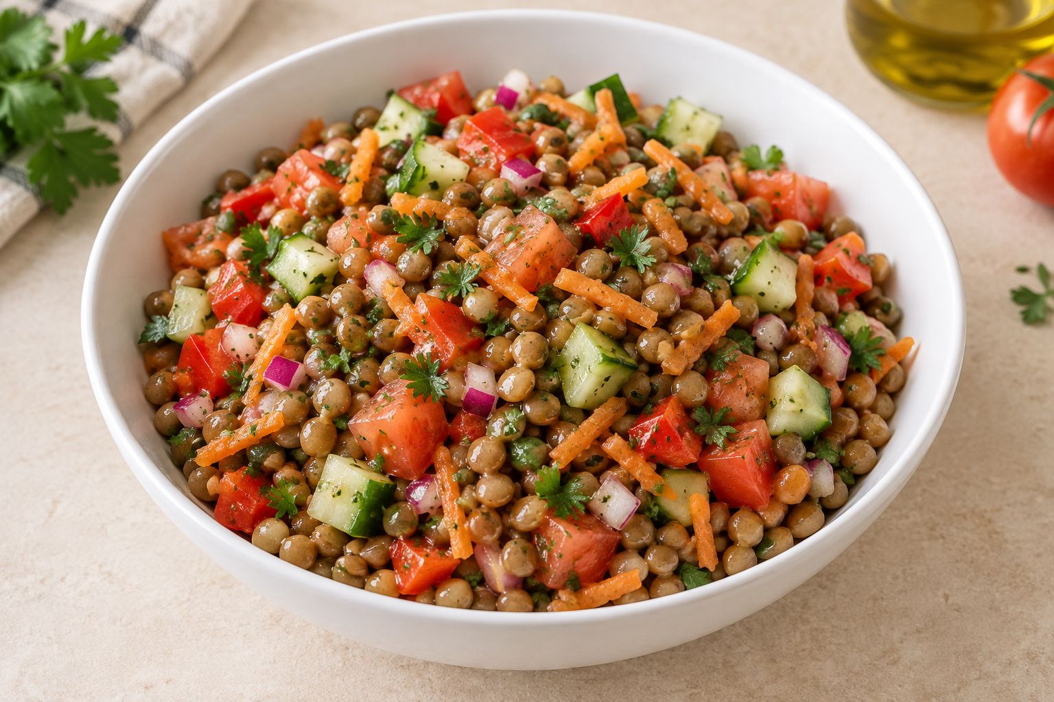 Ensalada de lentejas con verduras, receta terminada