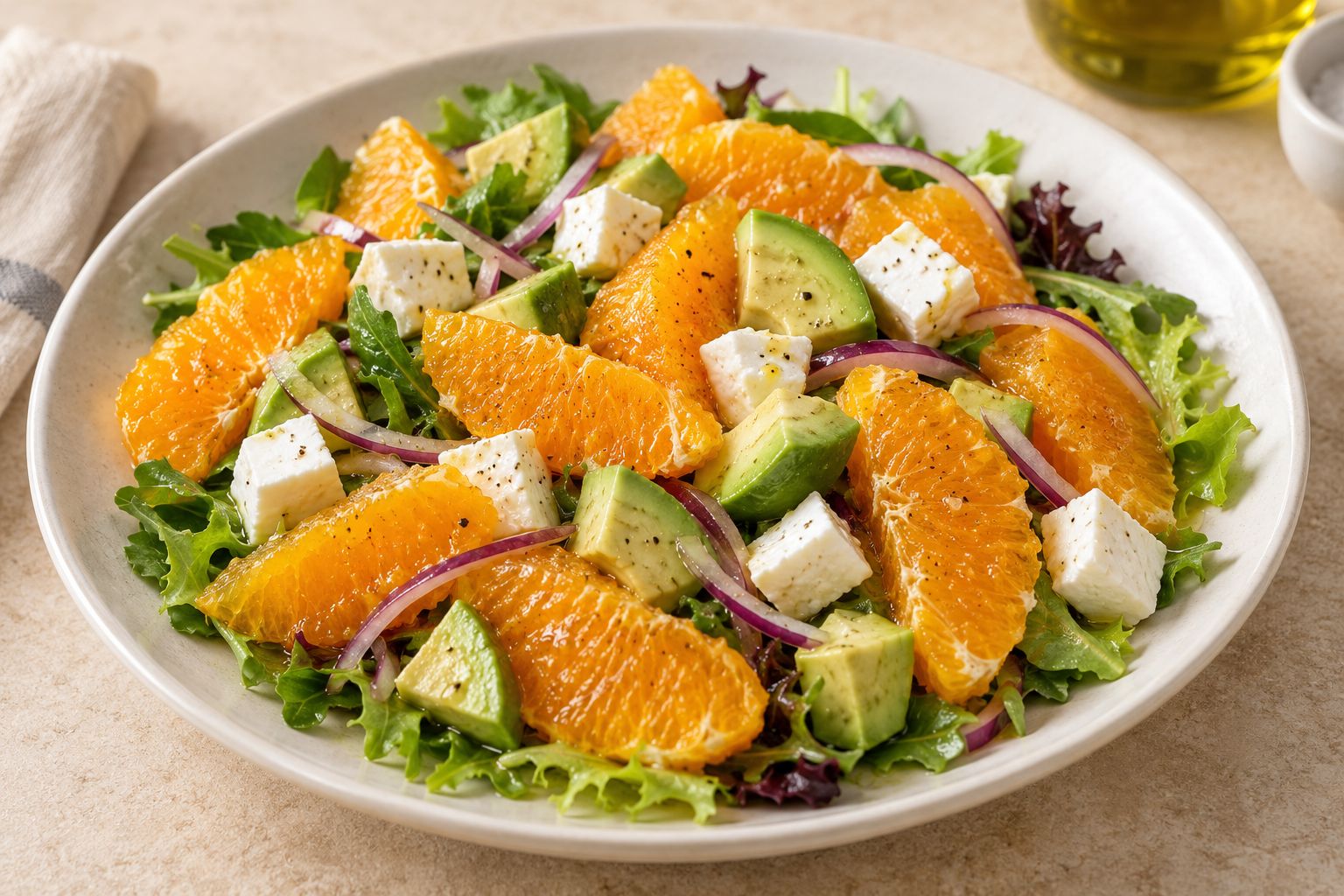Ensalada de naranja, aguacate y queso fresco, receta terminada