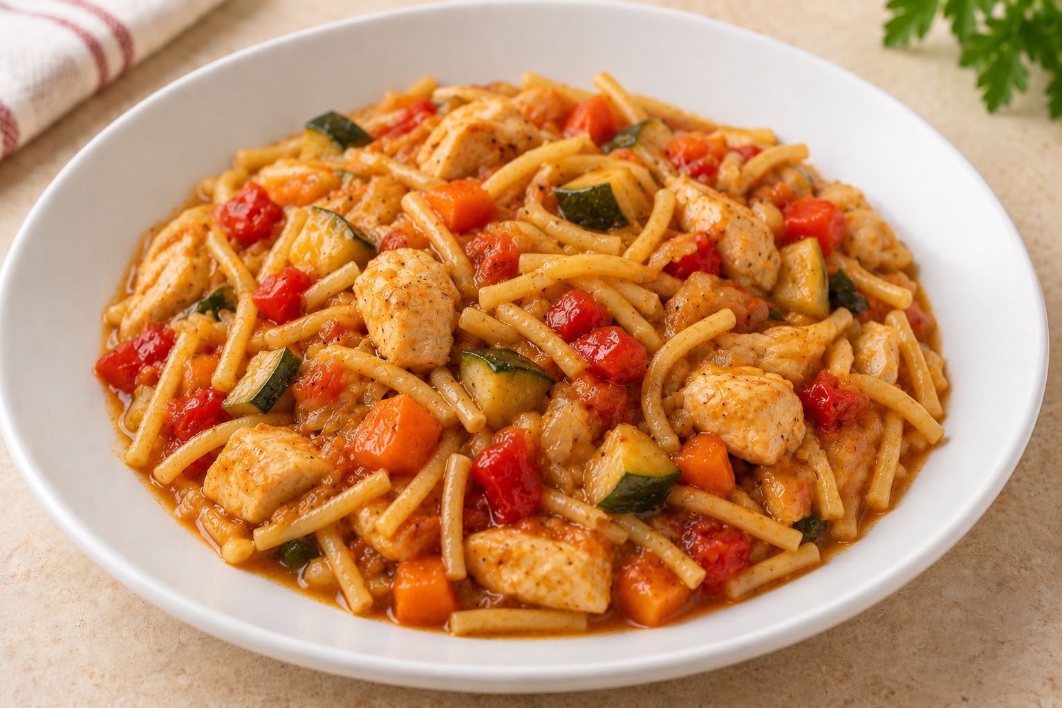 Fideos a la cazuela con pollo y verduras, receta terminada