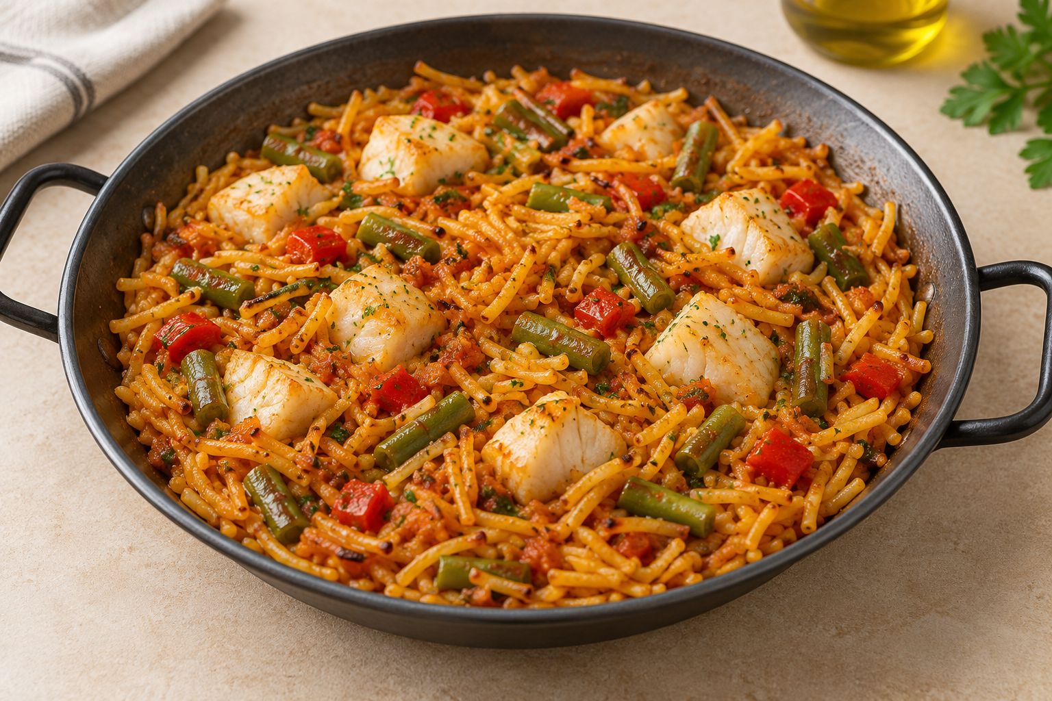 Fideuá de pescado y verduras, receta terminada