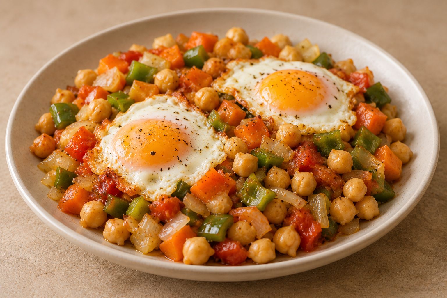 Garbanzos salteados con verduras y huevo