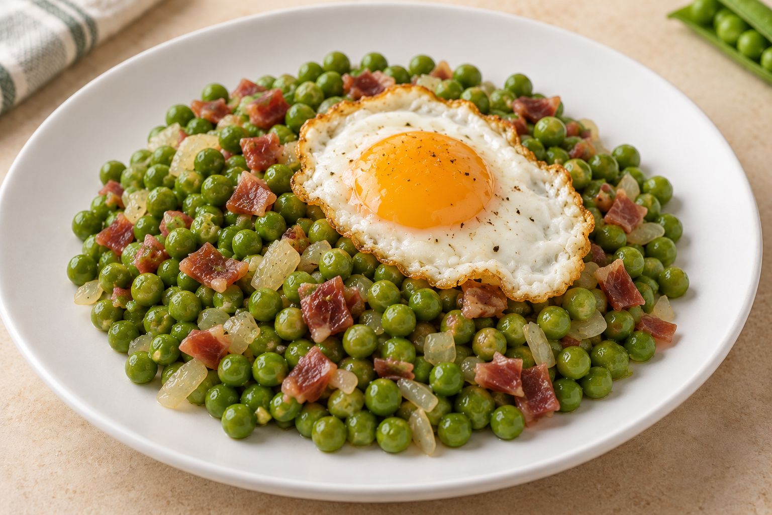 Guisantes con jamón y huevo, receta terminada