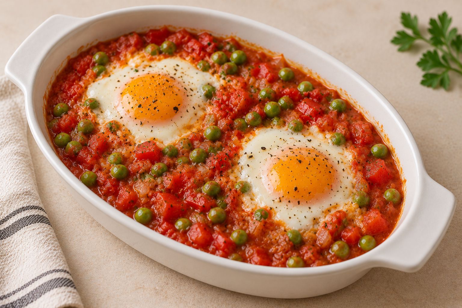 Huevos al plato con tomate y guisantes, receta terminada