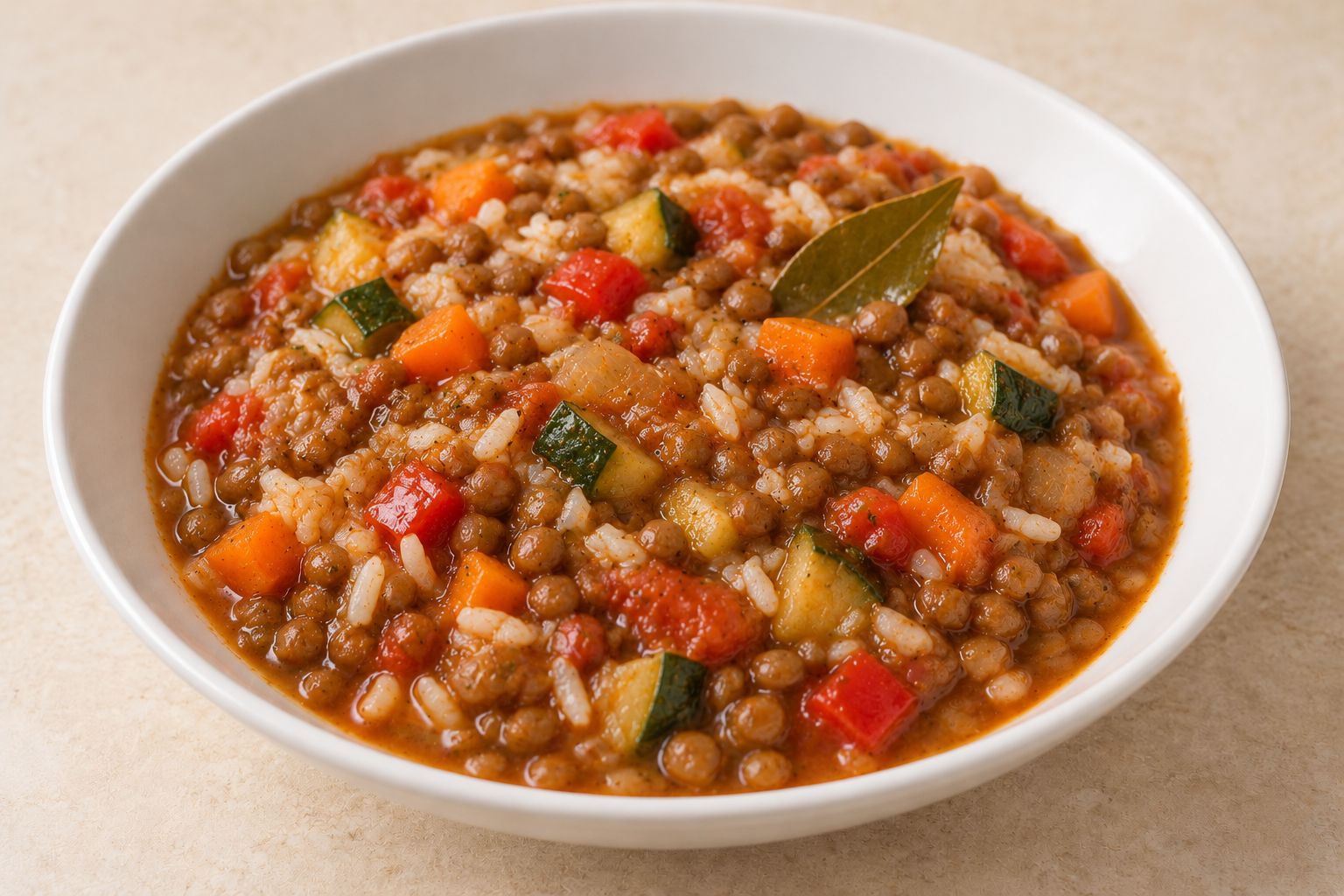 Lentejas con arroz y verduras, receta terminada