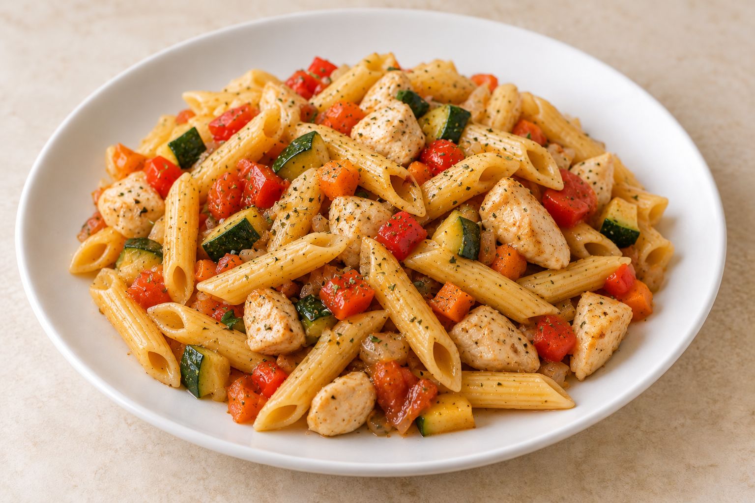 Macarrones con pollo y verduras, receta terminada