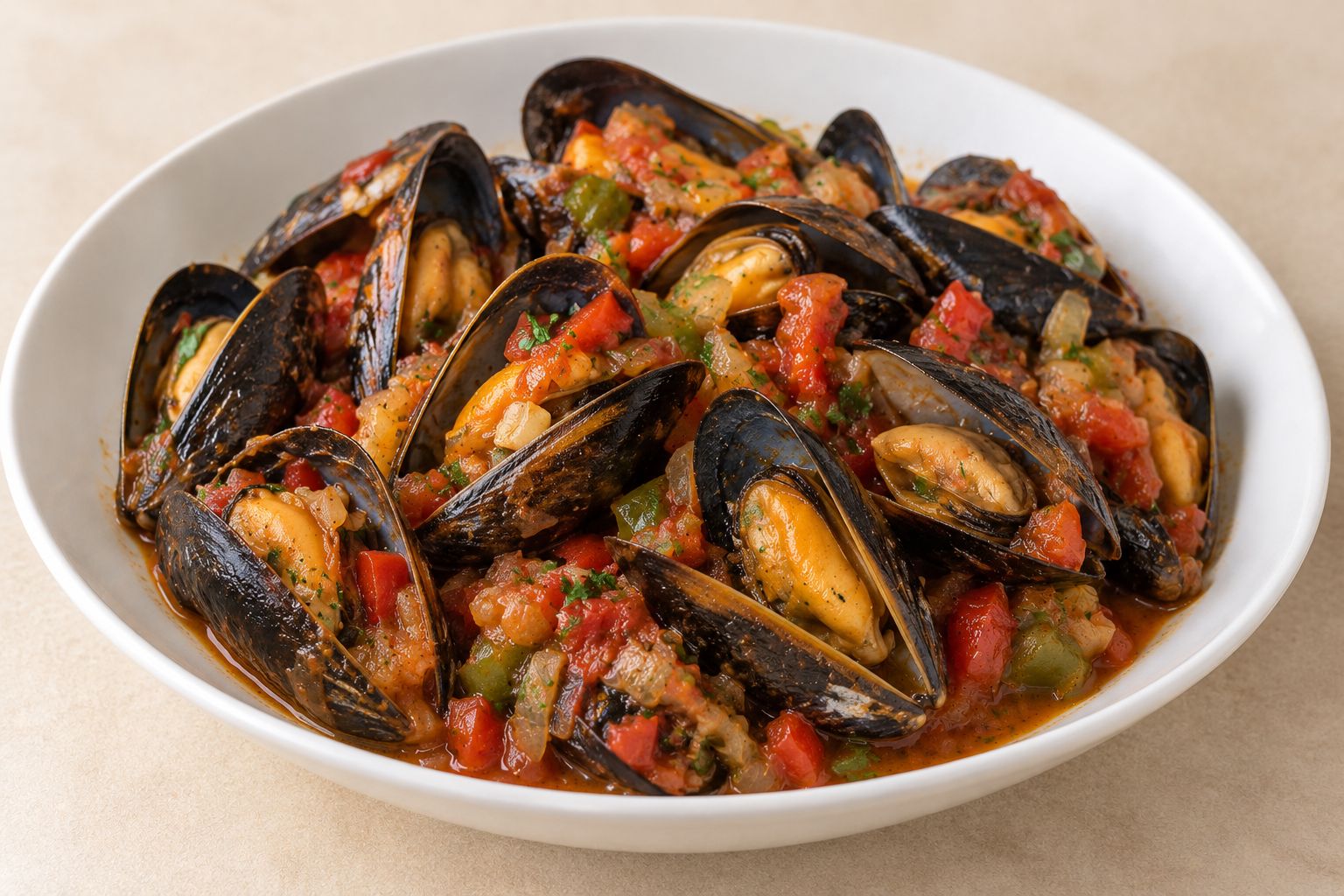 Mejillones con tomate y verduras, receta terminada
