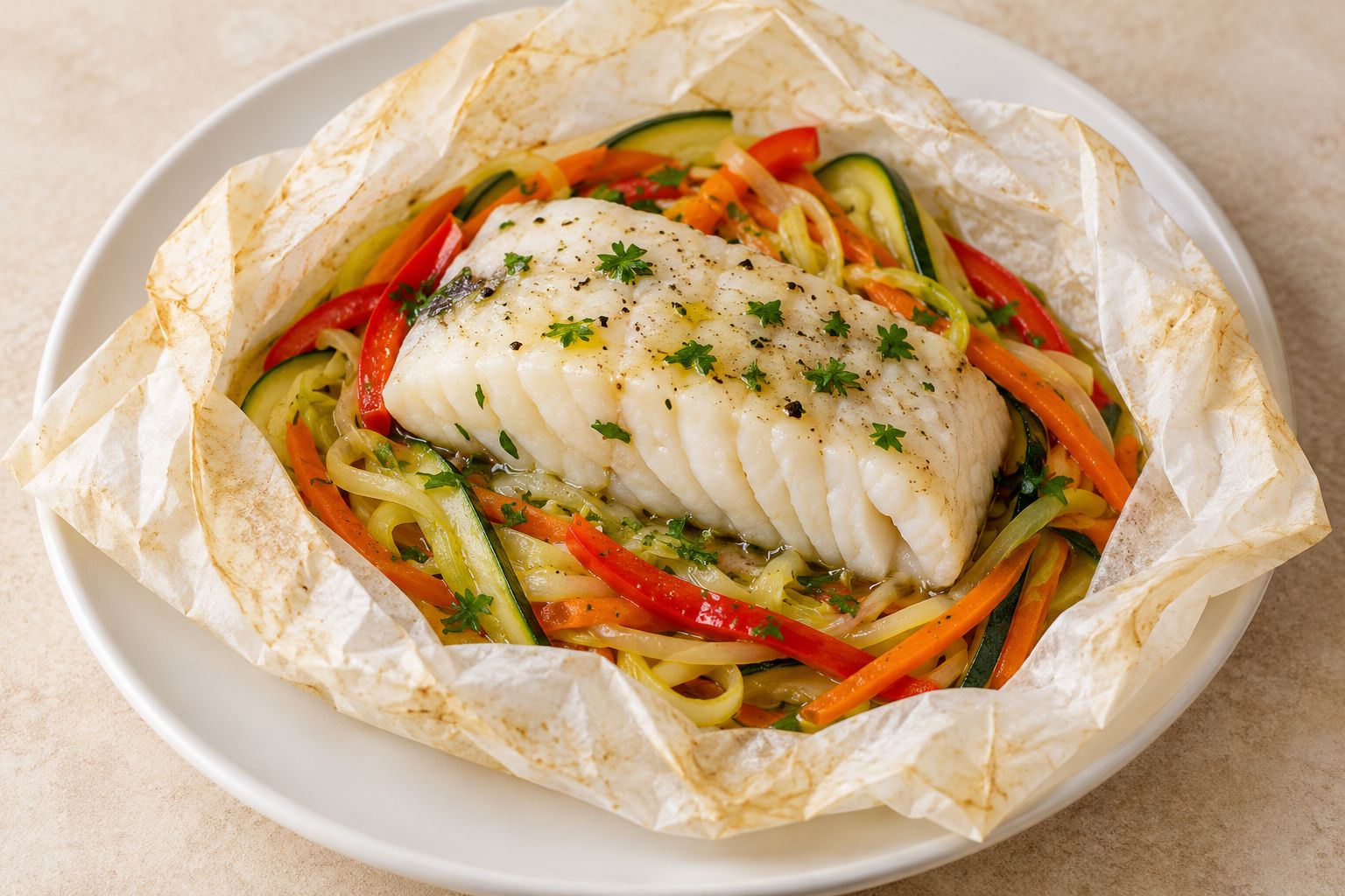 Merluza en papillote con verduras, receta terminada
