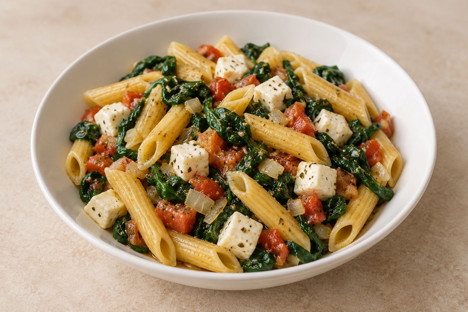 Pasta con espinacas, tomate y queso fresco, receta terminada