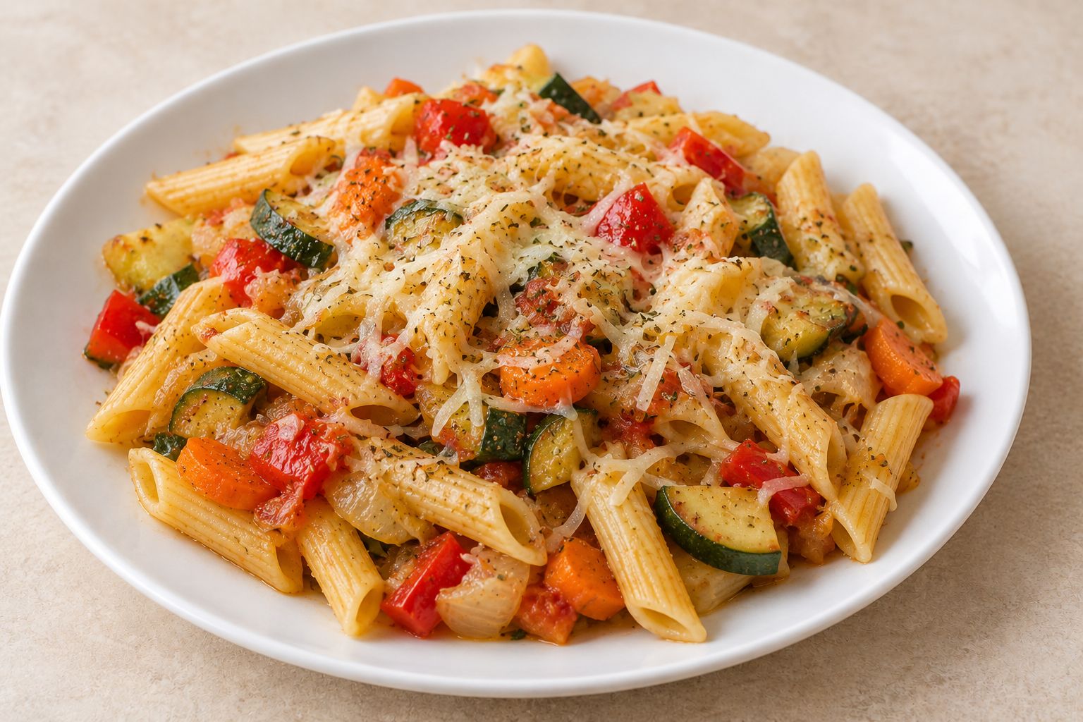 Pasta con verduras y queso, receta terminada