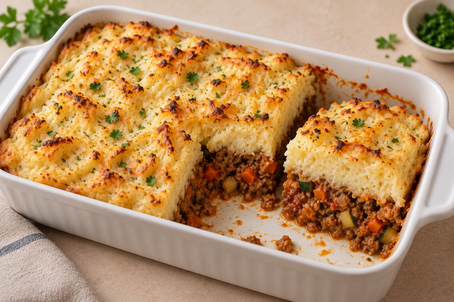 Pastel de carne y patata con verduras, receta terminada