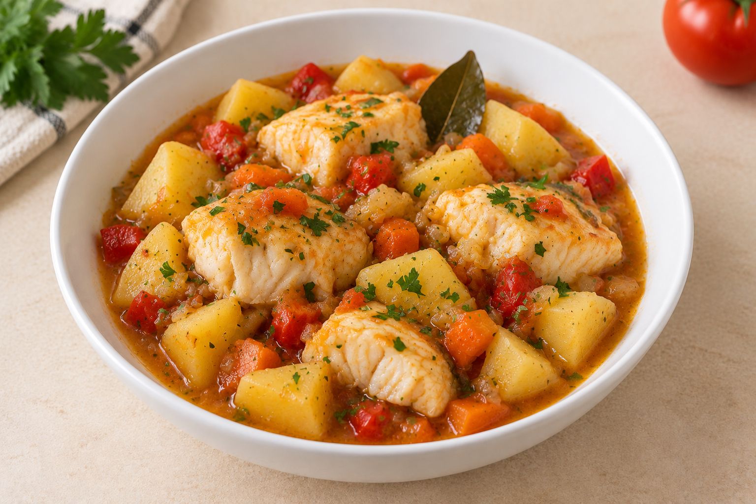Patatas guisadas con merluza, receta terminada