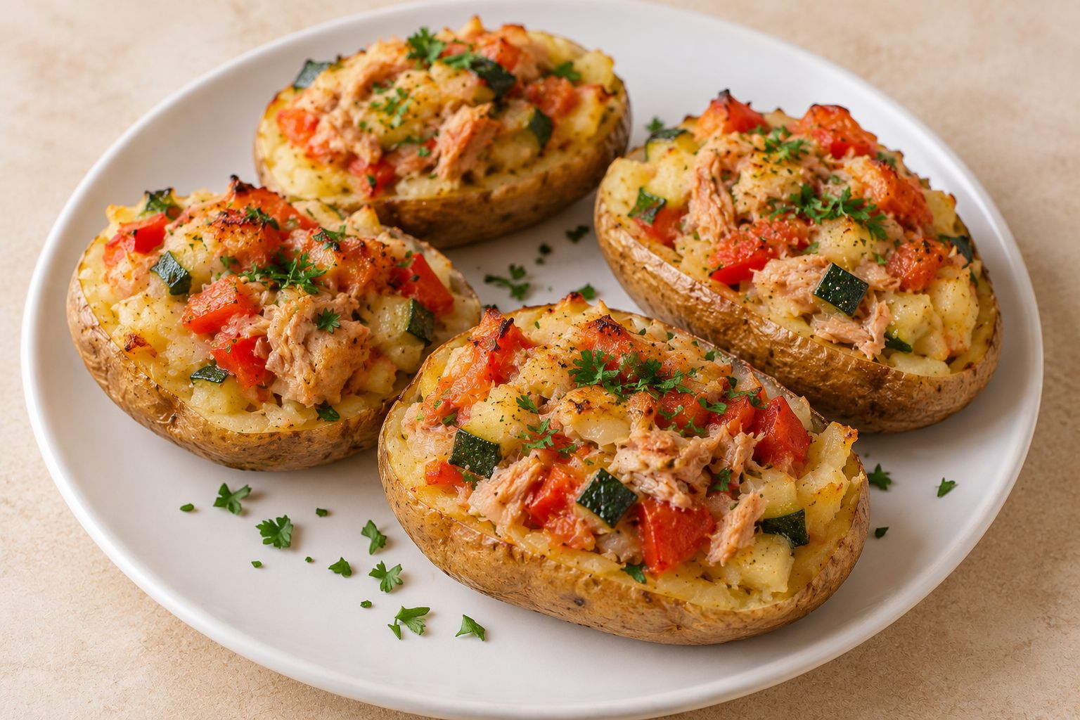 Patatas rellenas de atún y verduras, receta terminada