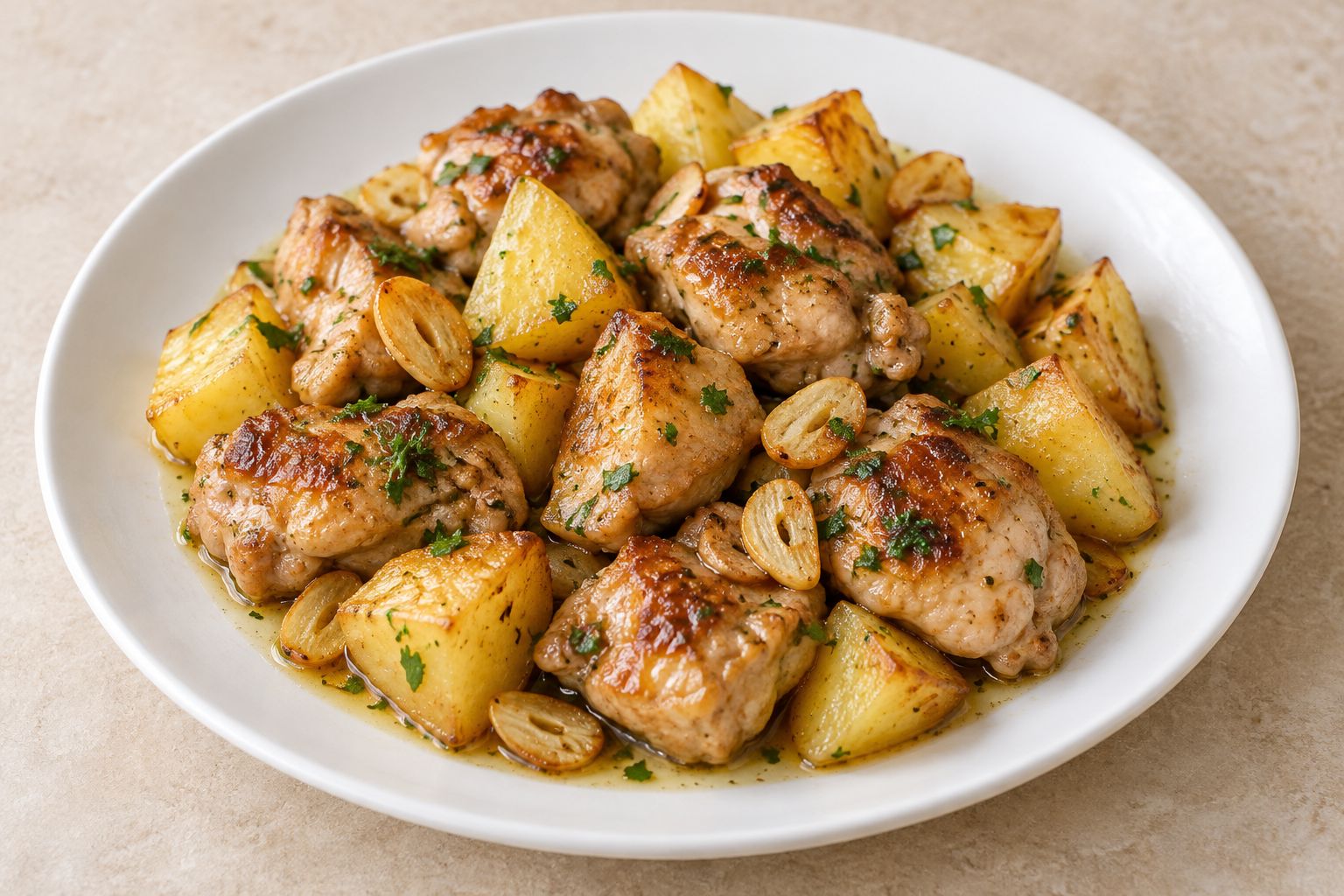 Pollo al ajillo con patatas, receta terminada
