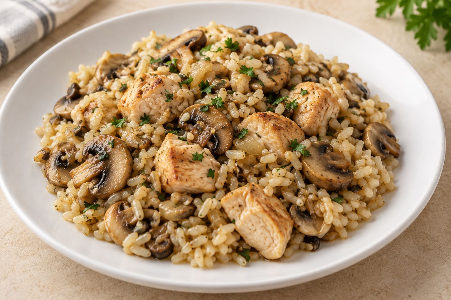 Pollo con champiñones y arroz, receta terminada