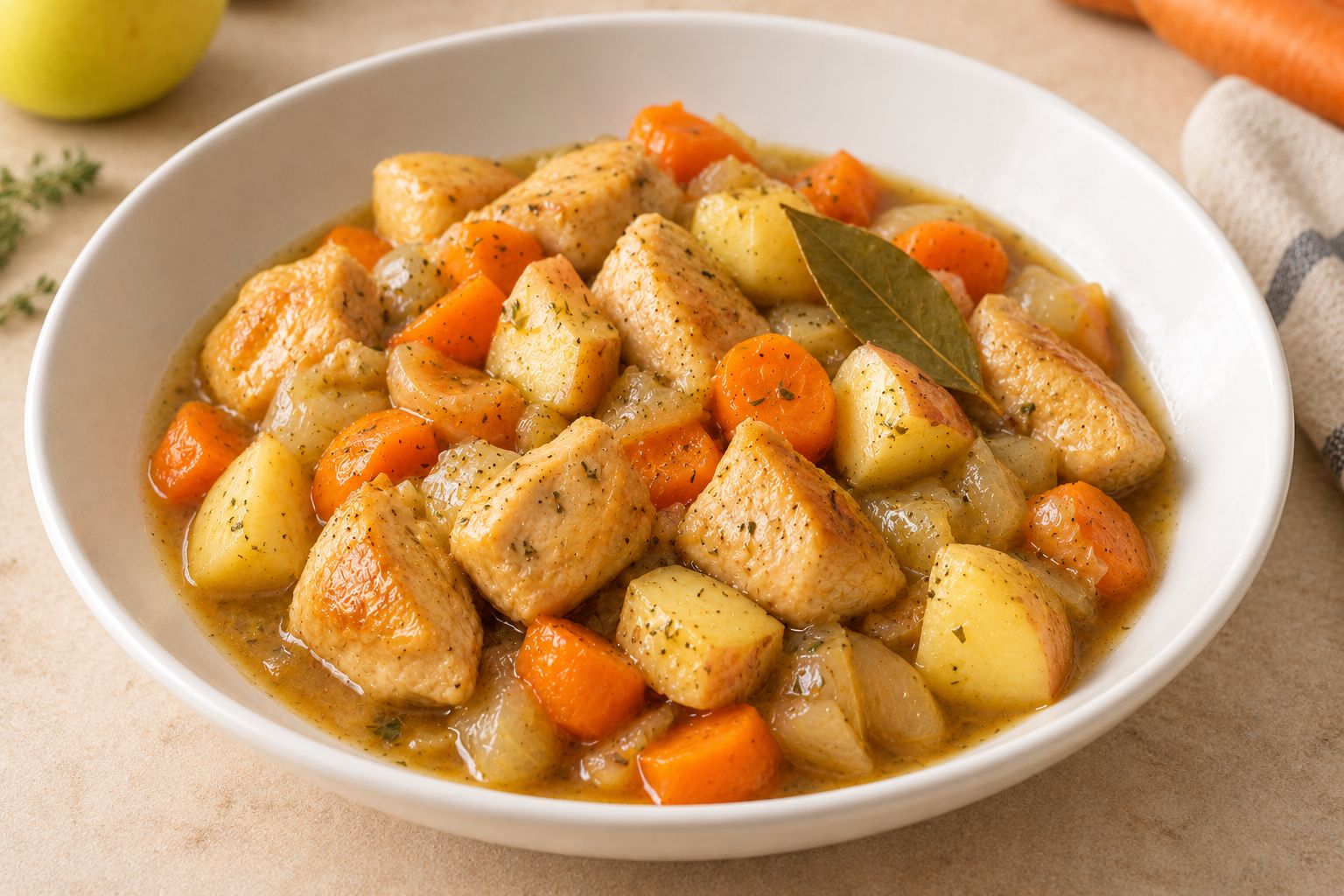 Pollo guisado con manzana y verduras, receta terminada