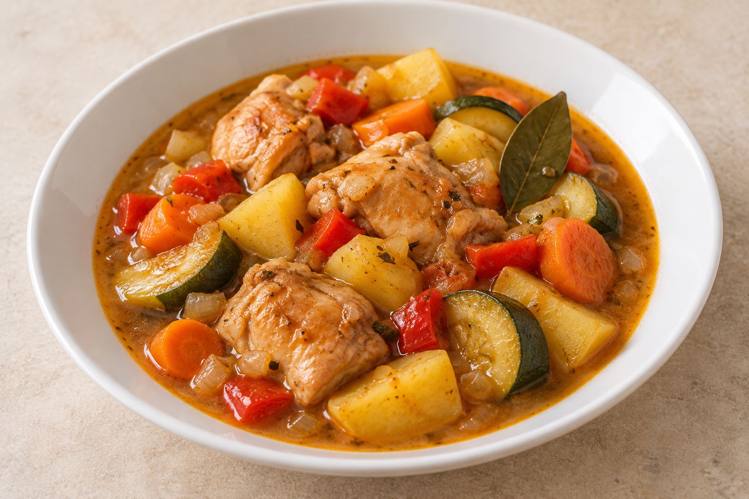Pollo guisado con verduras y patata, receta terminada