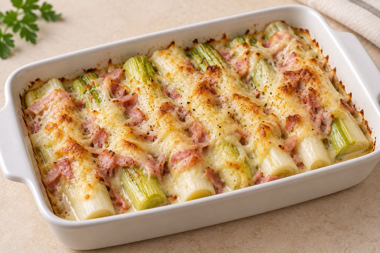 Puerros con jamón y queso al horno, receta terminada