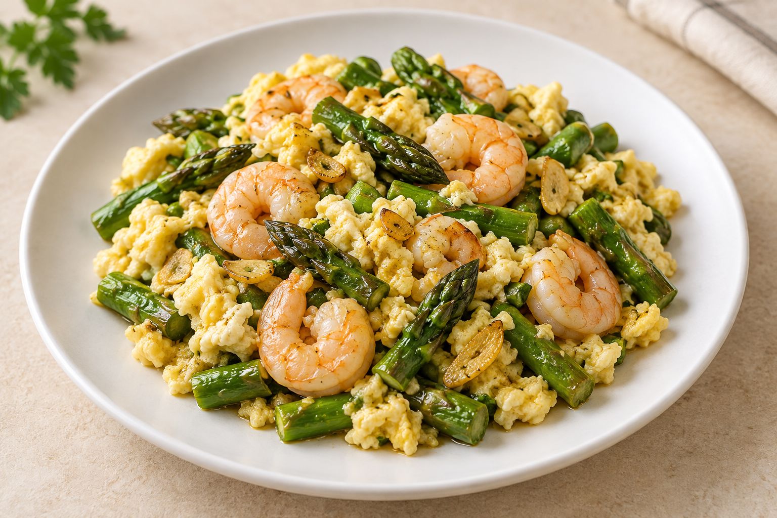 Revuelto de espárragos y gambas, receta terminada