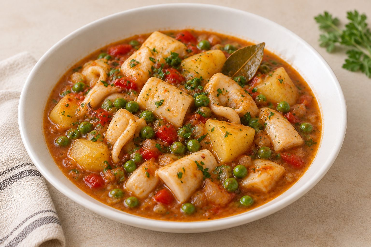 Sepia con patatas y guisantes, receta terminada