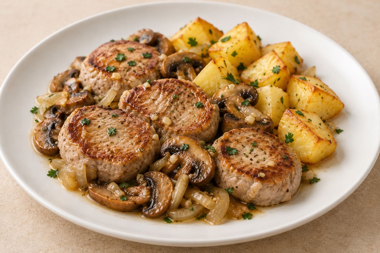 Solomillo de cerdo con champiñones y patata, receta terminada