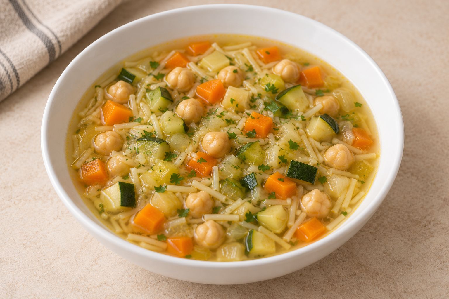 Sopa de verduras con garbanzos y fideos, receta terminada