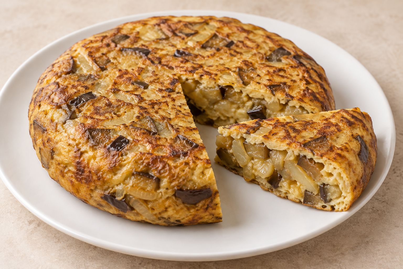 Tortilla de berenjena y cebolla, receta terminada