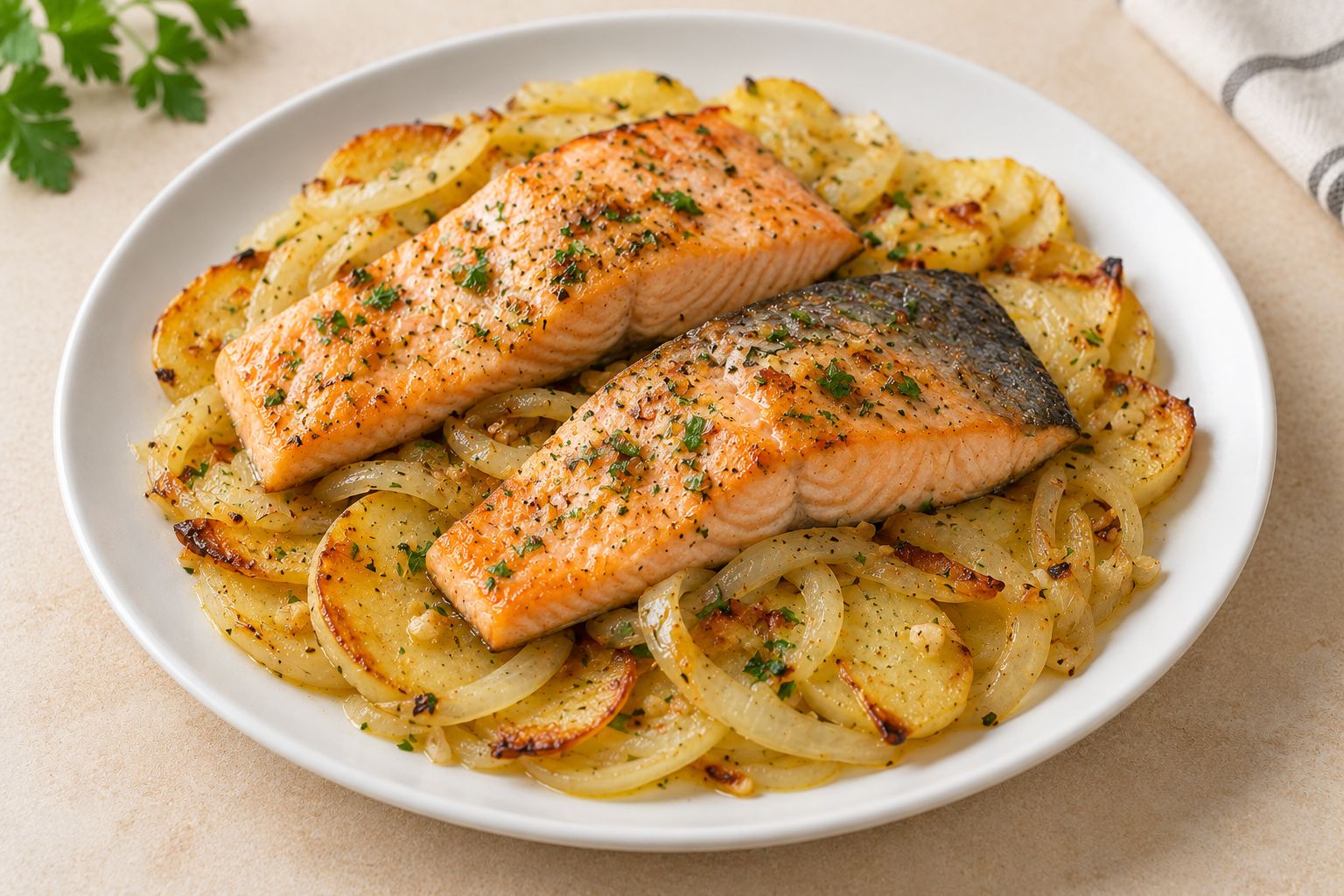 Trucha al horno con patatas y cebolla, receta terminada