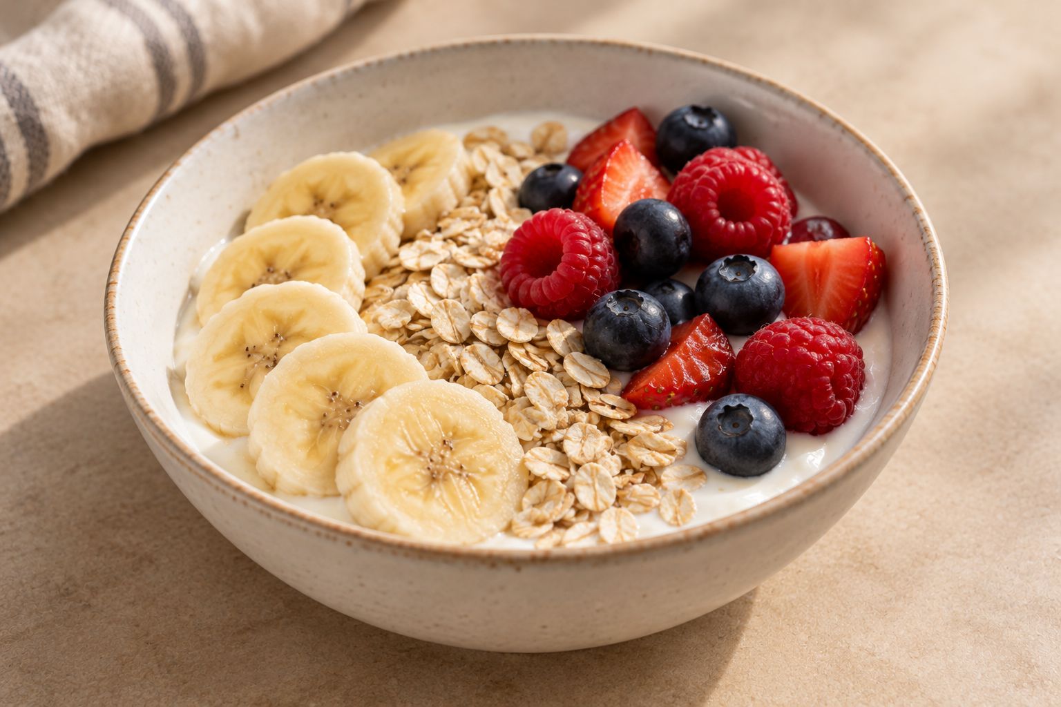 Yogur con avena, plátano y frutos rojos
