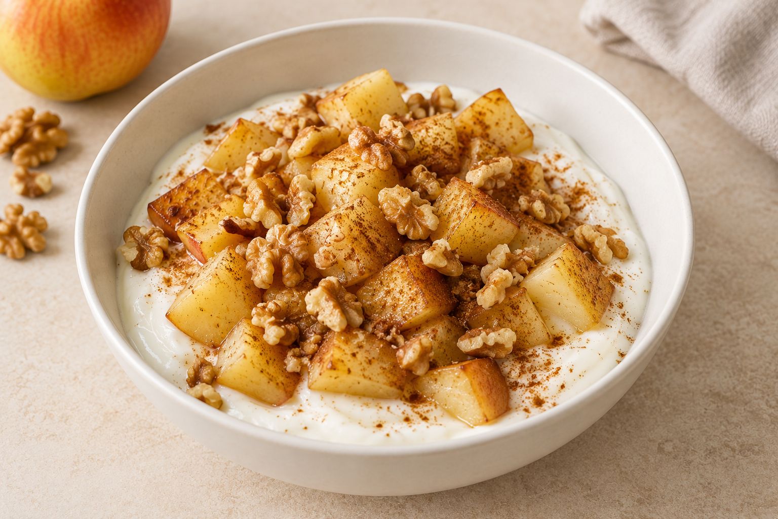 Yogur con manzana asada, canela y nueces, receta terminada